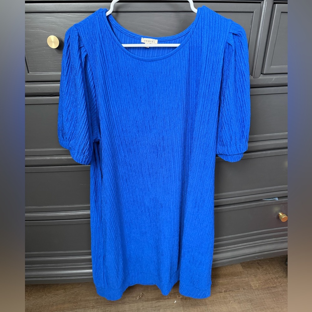 Pink Blush Maternity Dress Royal Blue Knit/Puff Sleeve